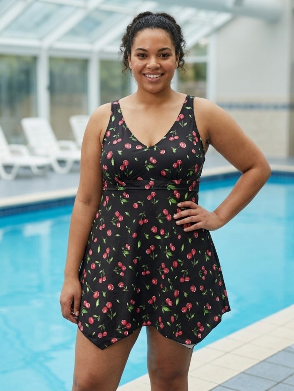 Septangle One Piece  Swimsuits Black Cherry Print Swim Dress Size 14
